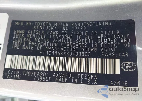 2021 Toyota Camry Le z USA, uszkodzony, nr VIN 4T1C11AKXMU403803